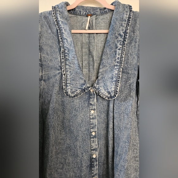 Free People Blue Jean Jacket with Ruffled Collar - Picture 3 of 5